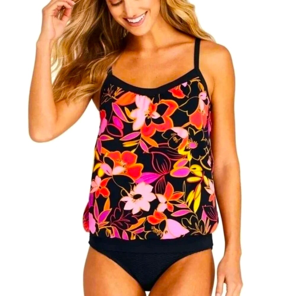 Sz 16W Lands' End Black Jungle Floral Print Tankini Top